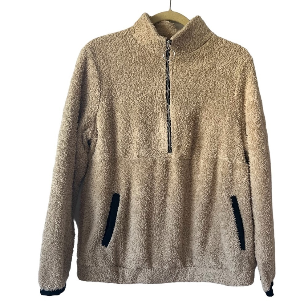 Tan Teddy Quarter Zip Mock Neck Pull Over Sweater- Size Medium